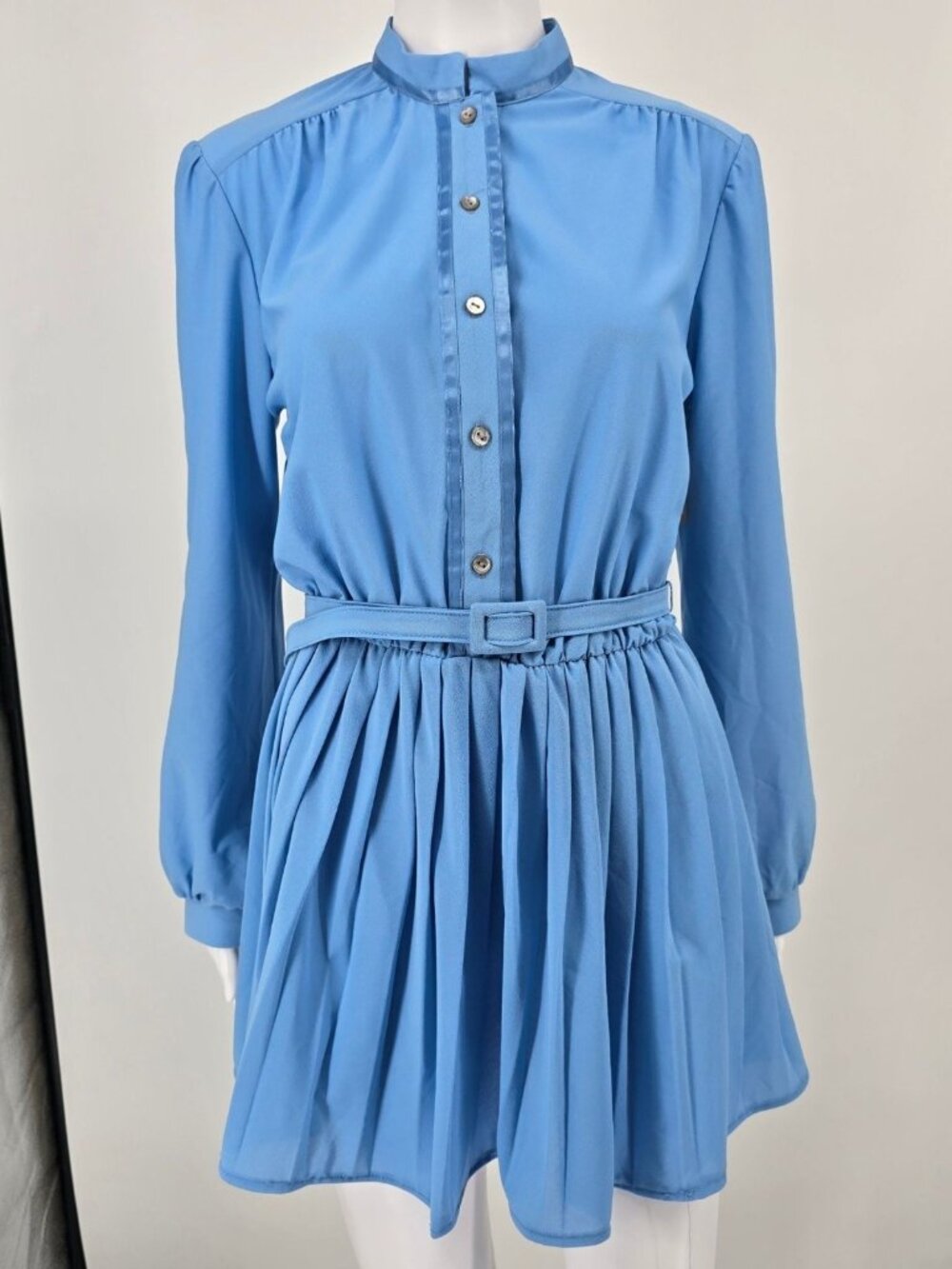 Vintage 1970s Jennifer Gee Cornflower Blue Belted Secretary Mini Dress (10/M)